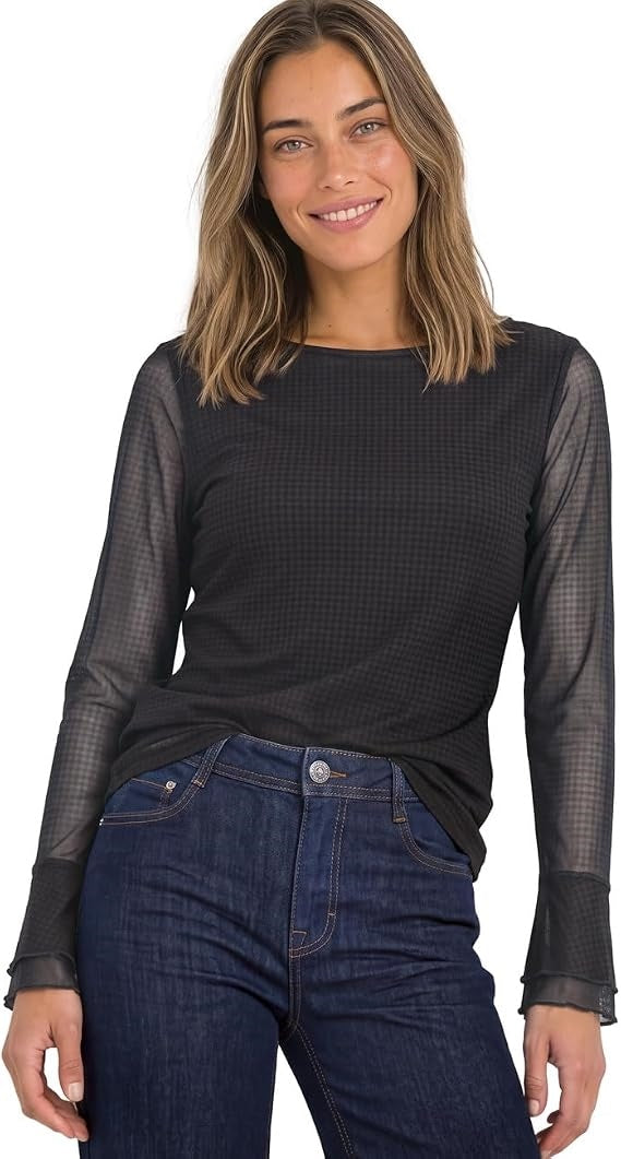 printed mesh shirt w.volant sl – Black Coffee 
