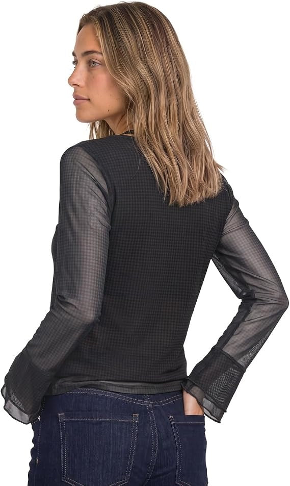 printed mesh shirt w.volant sl – Black Coffee 