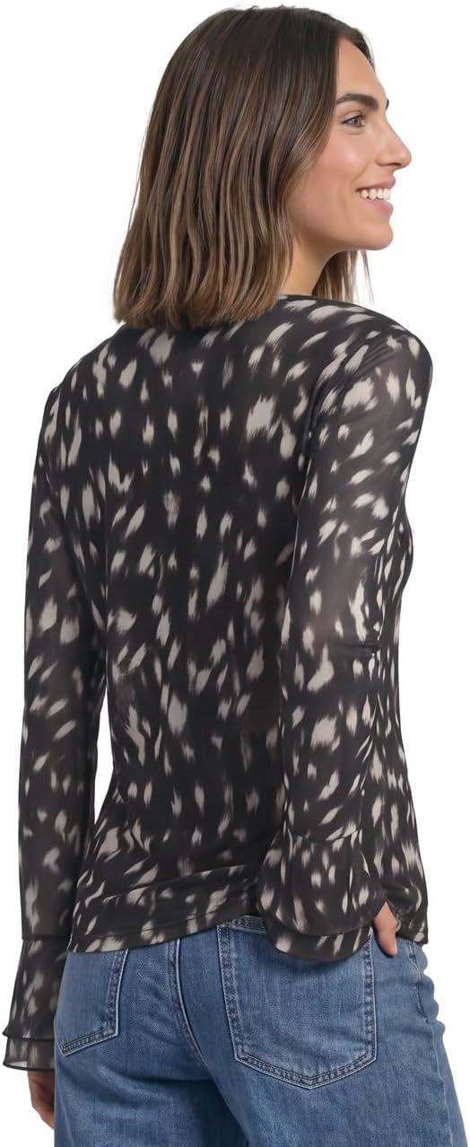 printed mesh shirt w.volant sl – Black 